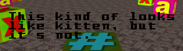 robotfindskitten OpenGL screenshot with Intellivision text overlaid